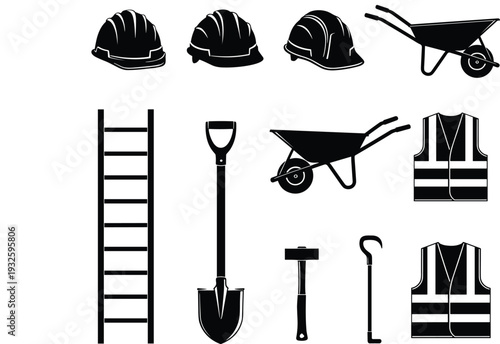 Vector silhouette set of construction equipment featuring safety hard hats, wheelbarrows, ladders, shovels, hammers, crowbars, and high visibility reflective safety vests isolated on white background.