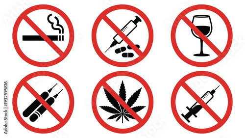 forbidding vector signs featuring no smoking, no drugs, and no alcohol symbols for public safety, bold prohibition icon set for health awareness campaigns, workplace compliance notices, restricted are
