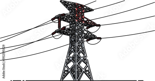 Illustration of a high-voltage electricity pylon with multiple power lines against a white background, showcasing energy transmission infrastructure.