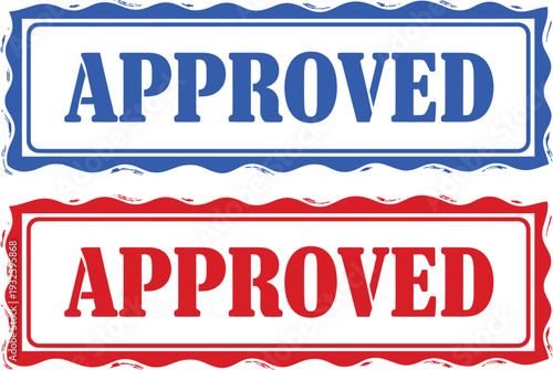Two approved stamps in blue and red on a white background