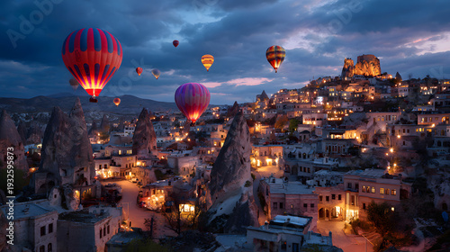 Panoramic view of the unique rock formations of Cappadocia, Turkey, with colorful hot air balloons floating above the landscape at night. Background illustration of a view in Türkey.