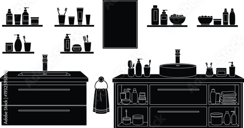 Vector silhouette set of modern bathroom interior furniture with vanity sinks, mirrors, wall shelves, towels, and various personal care hygiene products isolated on white background.
