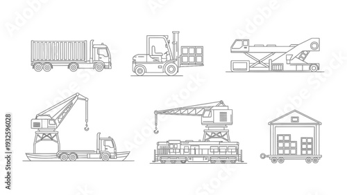 Logistics and Transportation: An array of industrial vehicles is arranged, each designed for the efficient transport and management of goods, presenting the mechanics of moving goods.