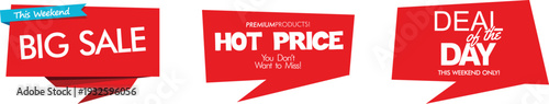 A collection of red sale banners on a white background