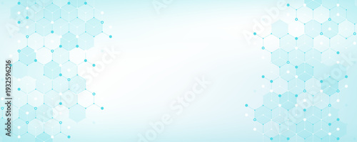 Modern health care or medical background design. Health care innovation concept. Horizontal header web banner. Abstract geometric background with hexagon shapes for medicine, science, chemistry.