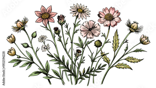 Wildflower Botanical Illustration with Hand Drawn Flowers