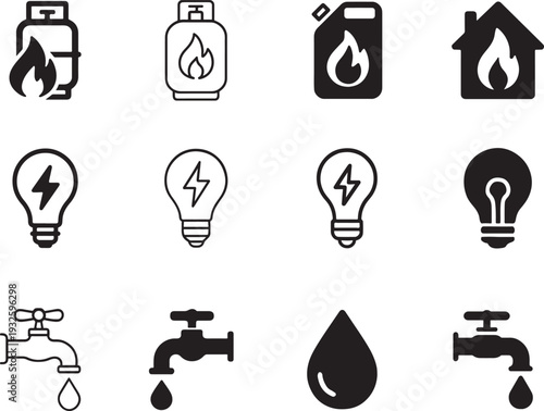 Thin line house utilities icon set with gas flame bulb energy and water faucet symbols.