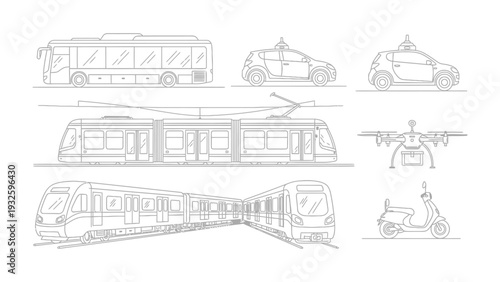 Urban Transportation Illustration: A comprehensive collection of various vehicles showcases diverse modes of transport for urban commuters and city living. 