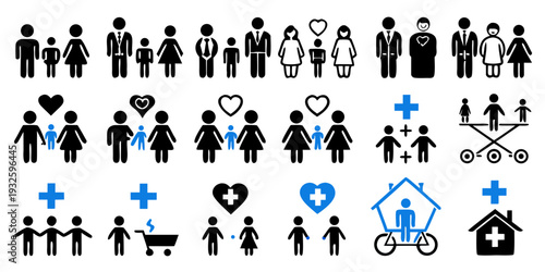 Family Healthcare Icon Set Vector – People and Medical Cross Symbols