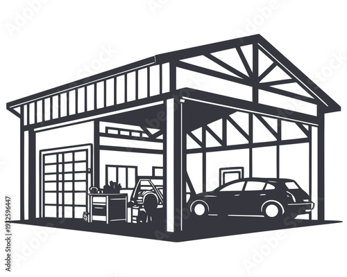 Auto Repair Garage Vector Illustration – Car Service Workshop Building