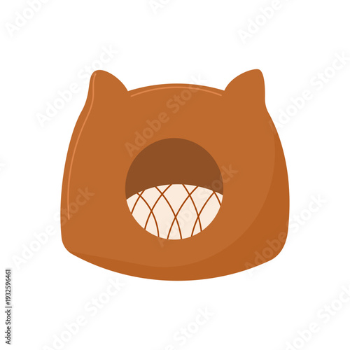 Cozy cat house cave bed in flat vector style. Soft indoor pet shelter with cushion isolated on white background. Comfortable sleeping space for domestic cat, home pet furniture concept.