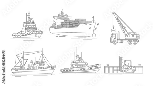 Maritime Fleet: A compilation of vessels, ranging from mighty cargo ships to nimble tugboats, showcases the intricate world of maritime transport and its crucial role in global trade. 