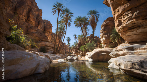 View of a sandstone canyon with a small pool of water in the middle of the desert, in the Tassili N'Ajjer region, Algeria. Background illustration of a historical site in Algeria.