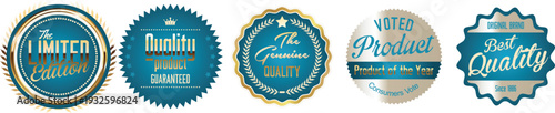 A collection of blue and gold quality guarantee badges