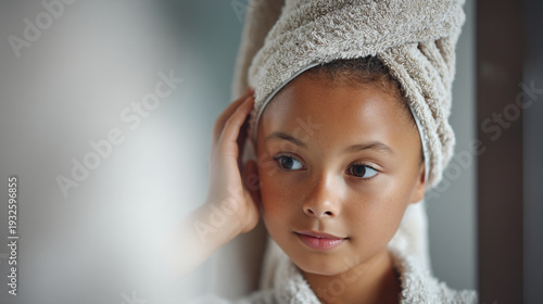 Thoughtful young girl with a bath towel on her head looks away.