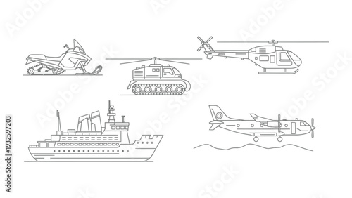 Vehicles Set Illustration: A comprehensive set of vehicles from a snowmobile to a ship, meticulously illustrated with a clean outline style, ideal for design projects related to transportation.