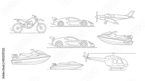 Transportation Assortment: A diverse array of transportation methods, meticulously sketched to showcase the evolution of travel and movement. This set caters to themes of mobility.