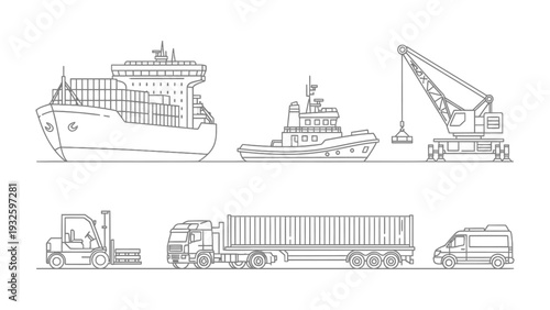 Seamless Logistics: A collection of various vehicles and vessels essential to the transportation industry, streamlining trade and commerce across land and sea.