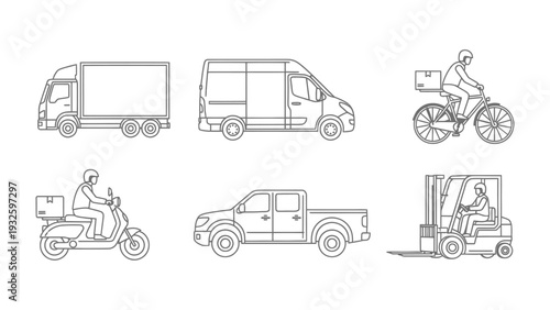 Transportation Vehicles Illustration: A collection of various transport vehicles, each meticulously depicted, showcasing the diversity of transportation. Perfect for depicting transport or logistics.