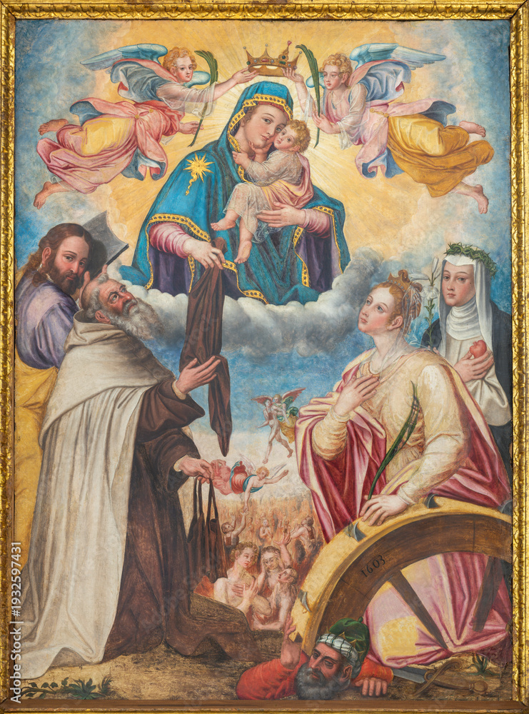 Naklejka premium Praiano - The painting of Madonna with the St. Simon Stock and St. Catherine of Alexandria in the church Chiesa di san Luca by unknown artist (1603).