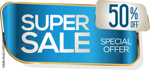A blue and white sale sign with 50 percent off special offer