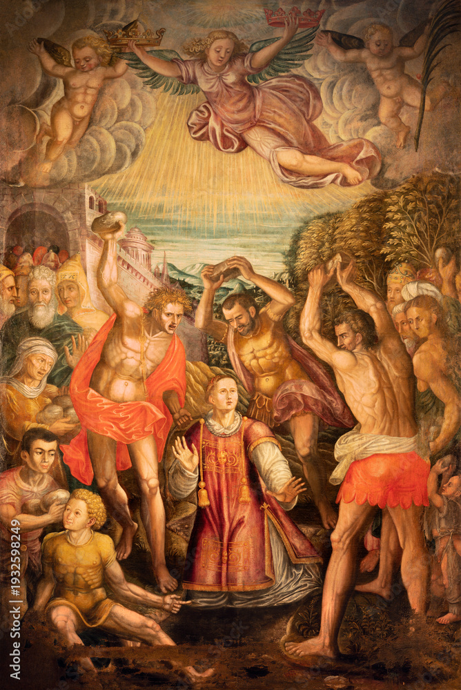 Obraz premium Pavia - The painting of Martirdom of St. Stephen in the Cathedral by unknown artist.