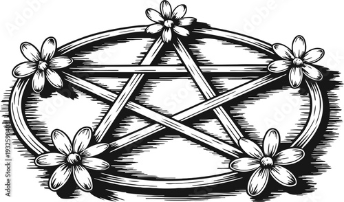 Pentagram with flowers drawing hand drawn mystical star symbol decorated with blossoming floral accents