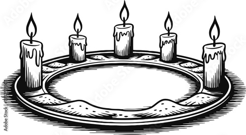 Advent wreath with five lit candles traditional christmas decoration black and white outline drawing
