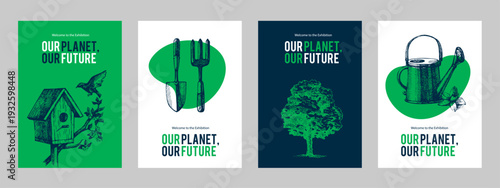 Hand drawn vintage garden ecology collage banner set with doodle sketch elements. Vector illustration