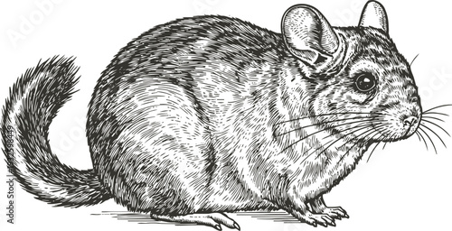 Detailed black and white chinchilla illustration small furry rodent, textured fur, long whiskers, side profile drawing