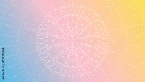 Round mandala on colorfull gradient background. Blue, pink, yellow. Translucent mesh pattern in the form of a mandala.