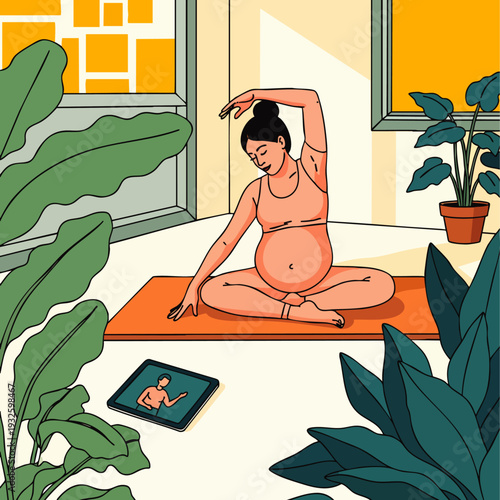Pregnant woman doing yoga at home, following an online class, surrounded by plants and natural light