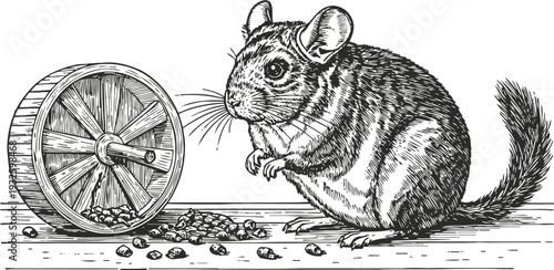 illustration of a hamster next to a tipped over exercise wheel with scattered food pellets