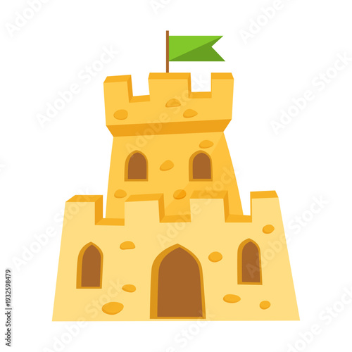 Sand castle tower with green flag. Sandcastle tower with windows isolated on white background. Flat vector illustration.