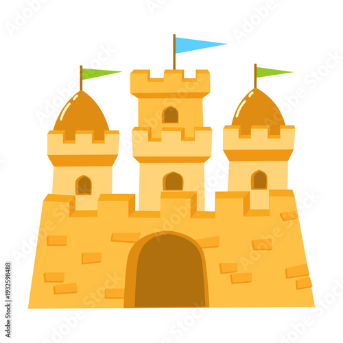 Sand castle with blue and green flags. Sandcastle with towers and dome roof isolated on white background. Flat vector illustration.