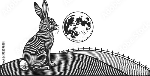 lined illustration of hare sitting on hill under full moon with fence in background