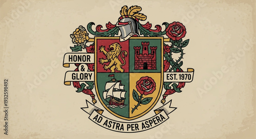 Detailed heraldic crest featuring a lion, ship, castle, and rose, with motto.