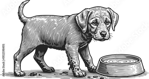 Adorable puppy standing next to empty bowl, waiting for food and showing hopeful expression
