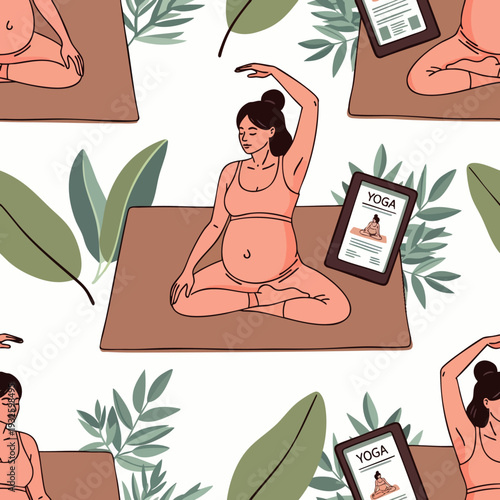 Pregnant woman practicing yoga meditation on a mat, surrounded by leaves and a tablet showing yoga poses