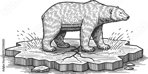 polar bear standing on melting ice floe, climate change warning concept illustration