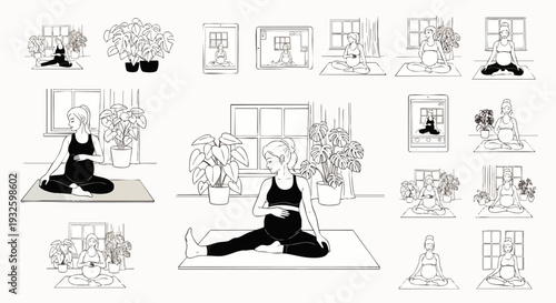 Pregnant Woman Doing Yoga in a Cozy Room with Plants, Illustrations of Yoga Poses and Relaxation
