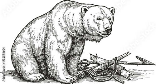 Detailed black and white illustration of a bear sitting beside a traditional spear and rope