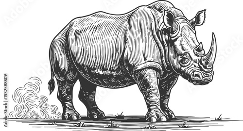 Detailed black and white engraving of a rhinoceros standing on grass, vintage wildlife illustration