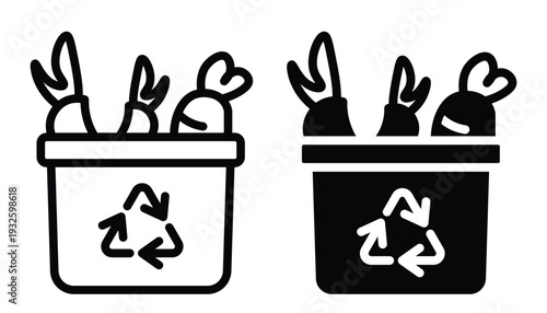 Recycling Bin with Carrots and Eco-Friendly Symbols on White Background
