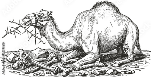 Camel resting amid scattered bones and rocks in desert landscape illustration