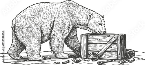 curious bear sniffing and exploring wooden crate with scattered tools around wild animal behavior concept