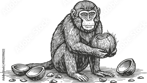 monkey holding cracked coconut surrounded by coconut shells and scattered debris, detailed vintage engraving