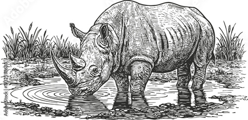black and white rhino drinking water in nature wild animal illustration with detailed line art