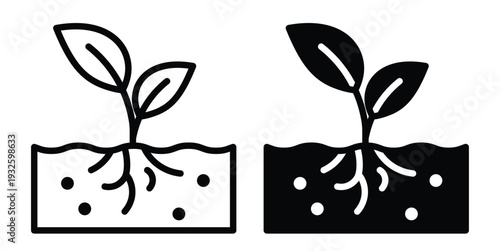 Simple Line Art of Sprouting Plant Roots and Leaves in Soil