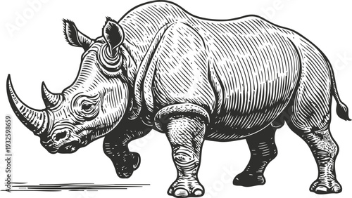 Detailed black and white illustration of a rhinoceros with textured skin and prominent horns